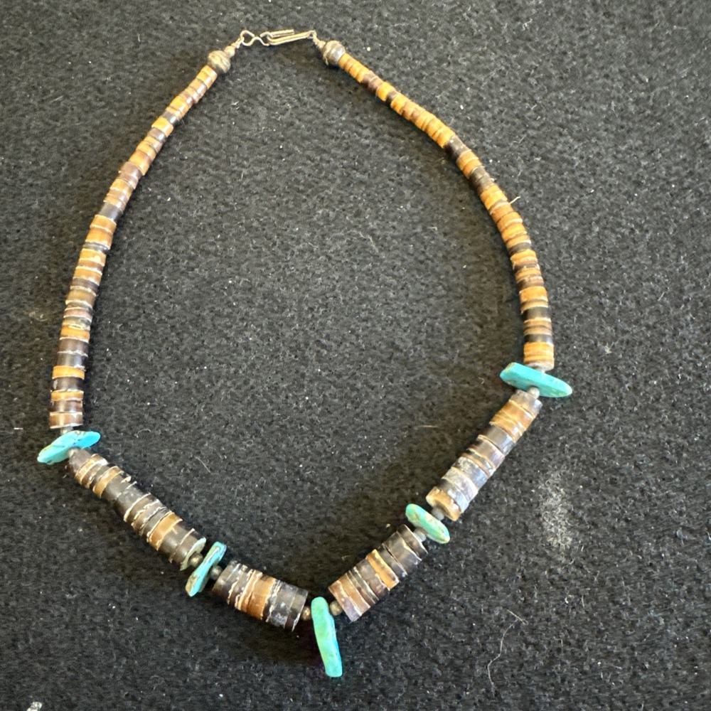Vtg Santo Domingo Native American Heishi Shell Turquoise 16" 925 Beaded Necklace